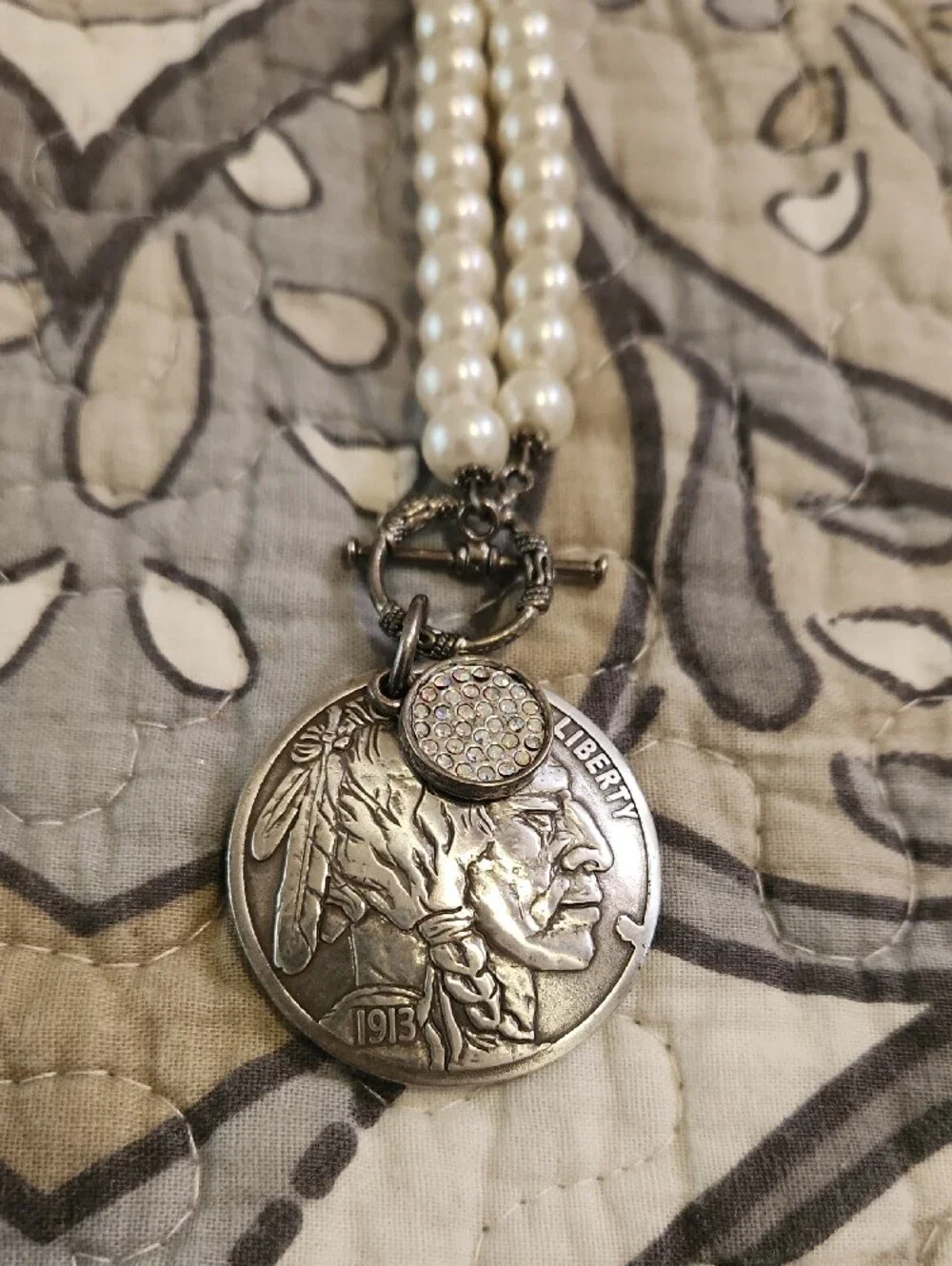 Boutique White Pearl Necklace with Buffalo Nickel Pendant